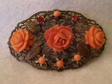 Vintage Brass Filigree Brooch w/Coral Celluloid R… - image 1