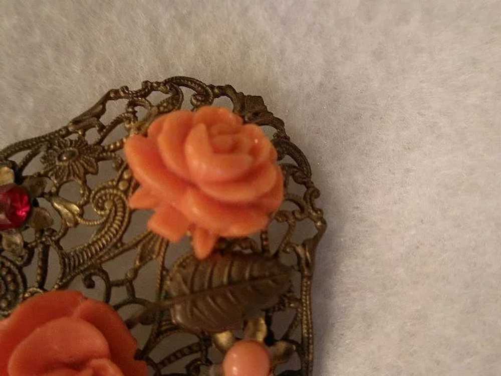 Vintage Brass Filigree Brooch w/Coral Celluloid R… - image 2