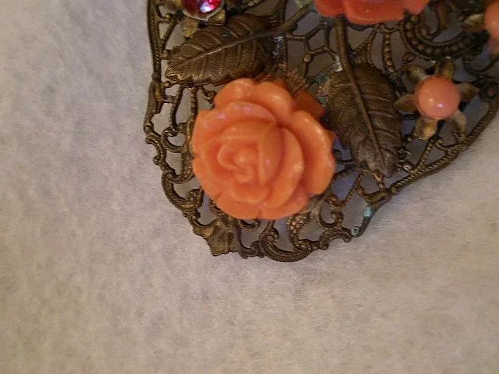 Vintage Brass Filigree Brooch w/Coral Celluloid R… - image 3