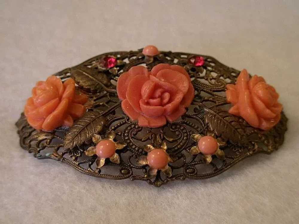 Vintage Brass Filigree Brooch w/Coral Celluloid R… - image 5