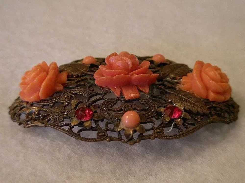 Vintage Brass Filigree Brooch w/Coral Celluloid R… - image 6