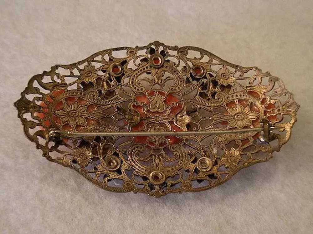 Vintage Brass Filigree Brooch w/Coral Celluloid R… - image 7