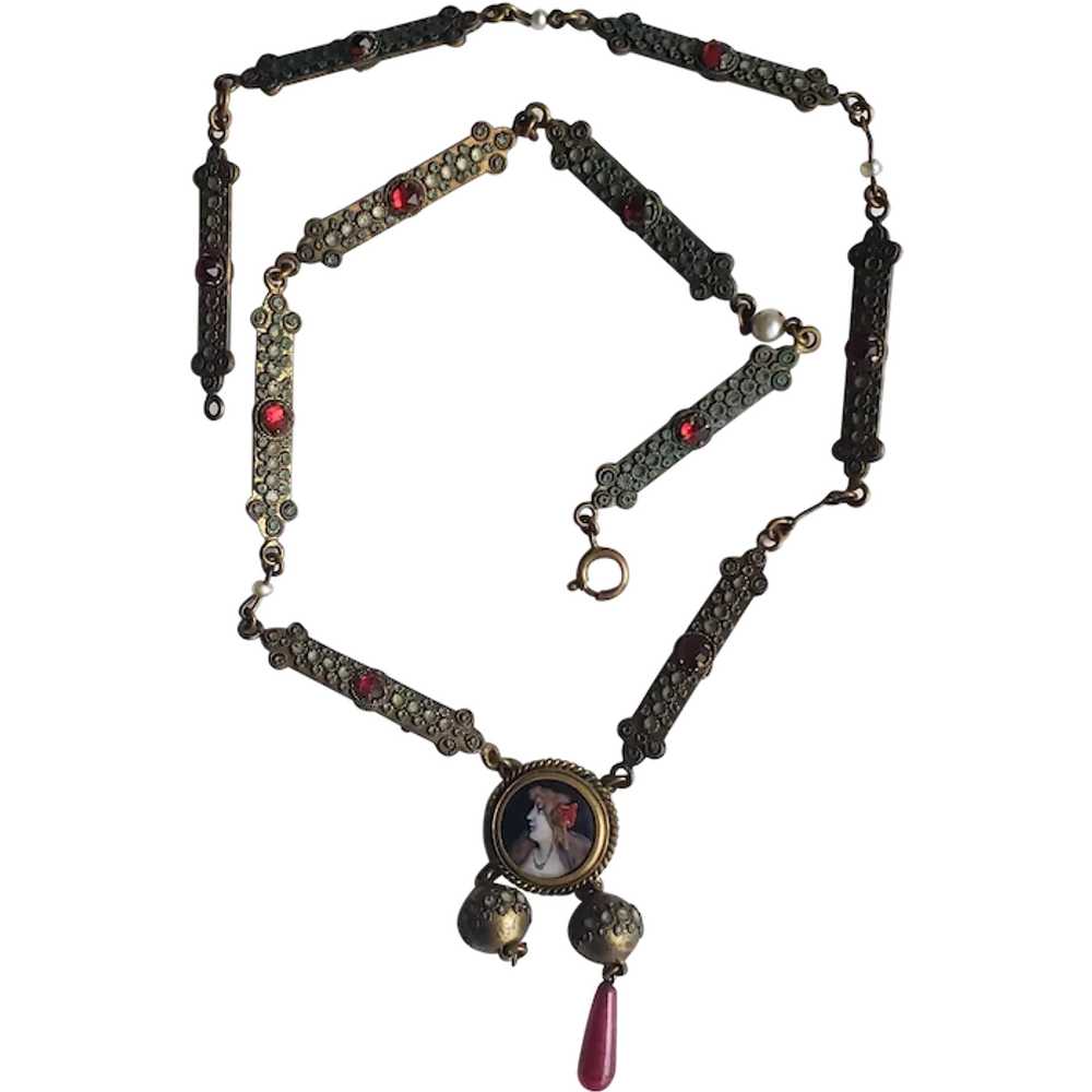 Victorian  Chain Necklace Limoges Enamel Medallion - image 1