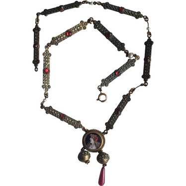 Victorian  Chain Necklace Limoges Enamel Medallion - image 1