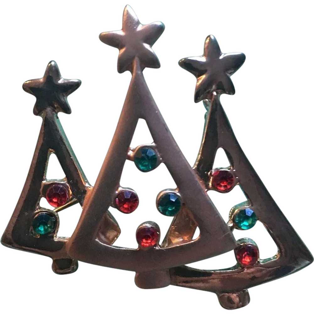 Unique Triple Christmas Tree Rhinestone Pin - image 1