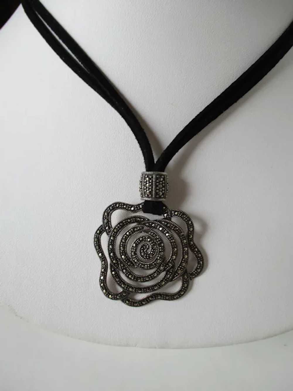 Marcasite Open Work Rose Flower Sterling Silver N… - image 7