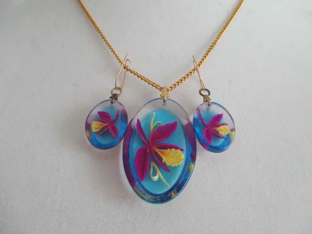 Hand Carved Lucite Orchid Flower Necklace Earring… - image 3