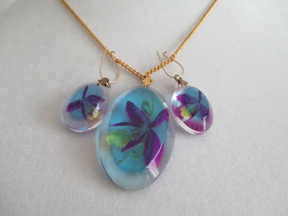 Hand Carved Lucite Orchid Flower Necklace Earring… - image 6