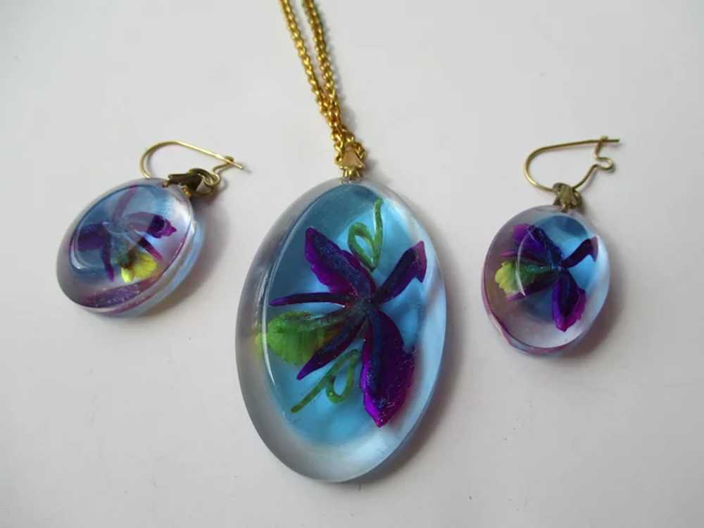 Hand Carved Lucite Orchid Flower Necklace Earring… - image 7