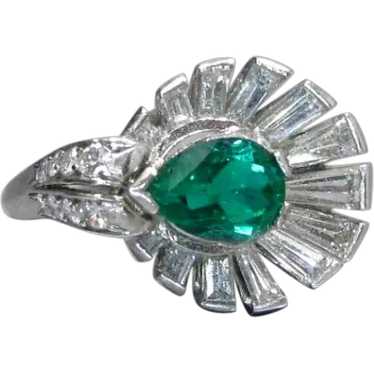 Platinum Emerald and Diamond Retro Cocktail Ring … - image 1