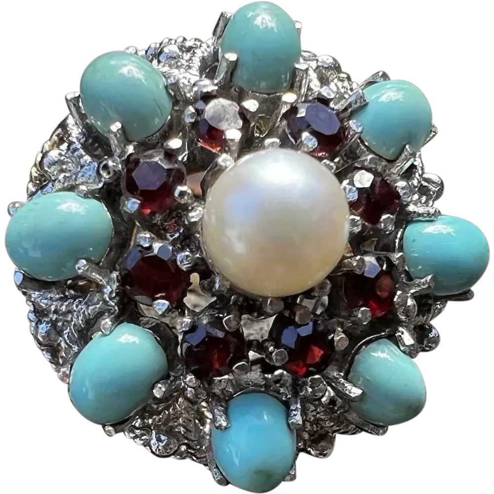 14K Yellow and White Gold Turquoise, Garnet and P… - image 1
