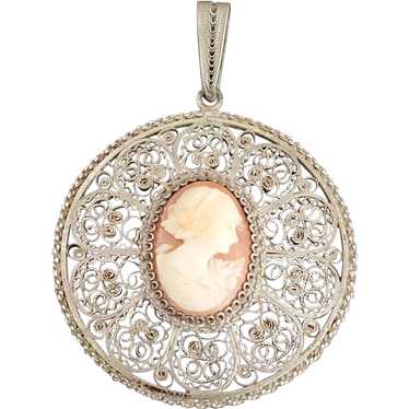 Vintage 800 Silver Filigree Carved Shell Cameo Pe… - image 1