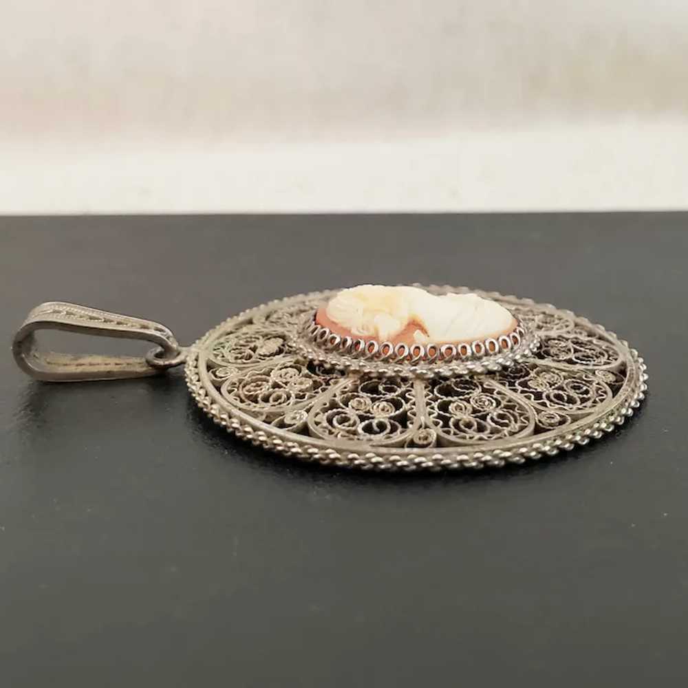 Vintage 800 Silver Filigree Carved Shell Cameo Pe… - image 2