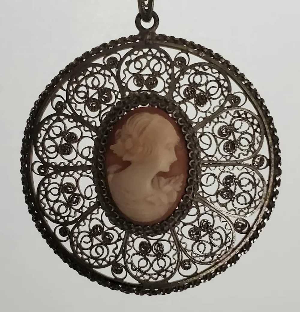 Vintage 800 Silver Filigree Carved Shell Cameo Pe… - image 3