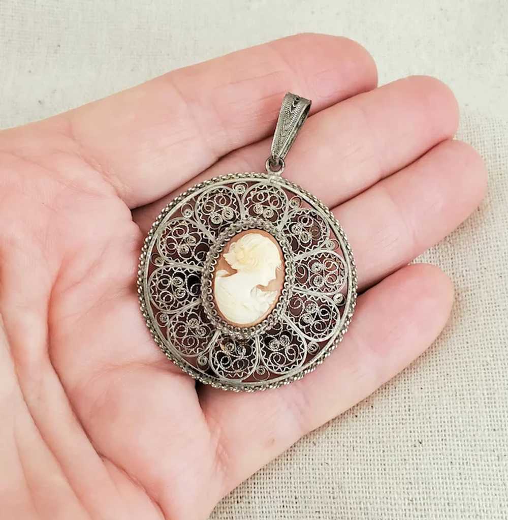 Vintage 800 Silver Filigree Carved Shell Cameo Pe… - image 5