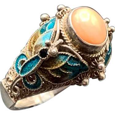 Chinese Export Coral Ring Sterling Silver and ena… - image 1