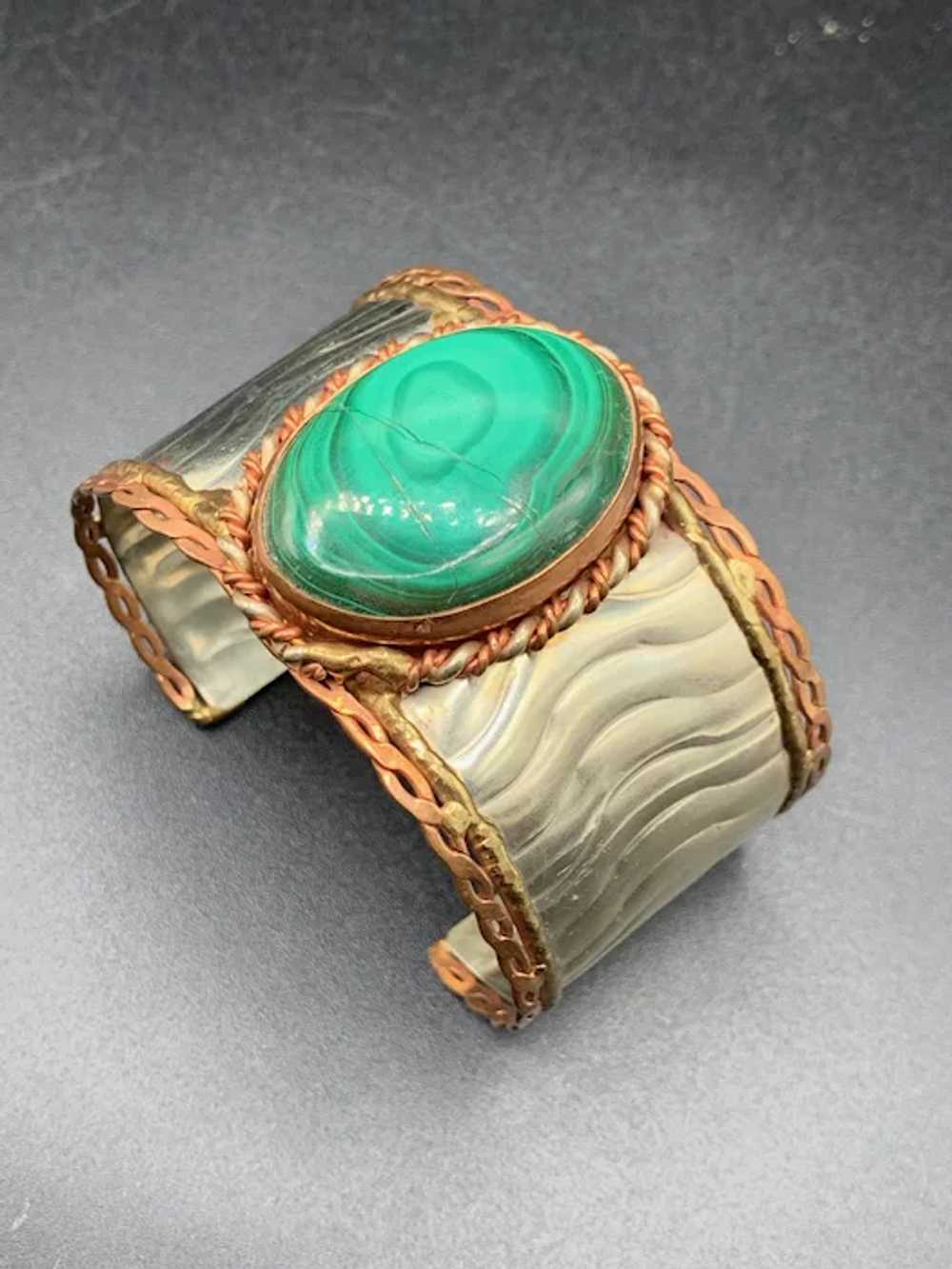 Brutalist Malachite Cuff Bracelet Vintage 70s Han… - image 3