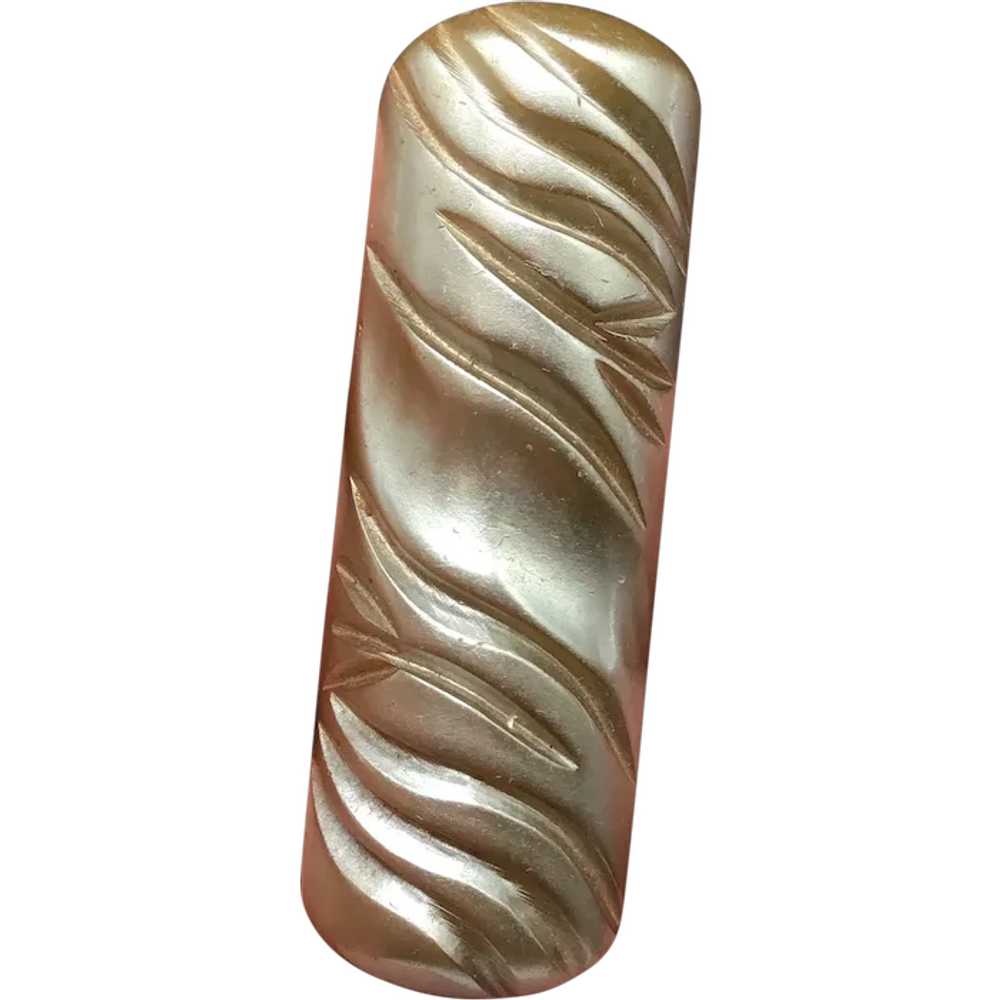 Carved Bakelite Bar Pin Pearlescent Green Metalli… - image 1