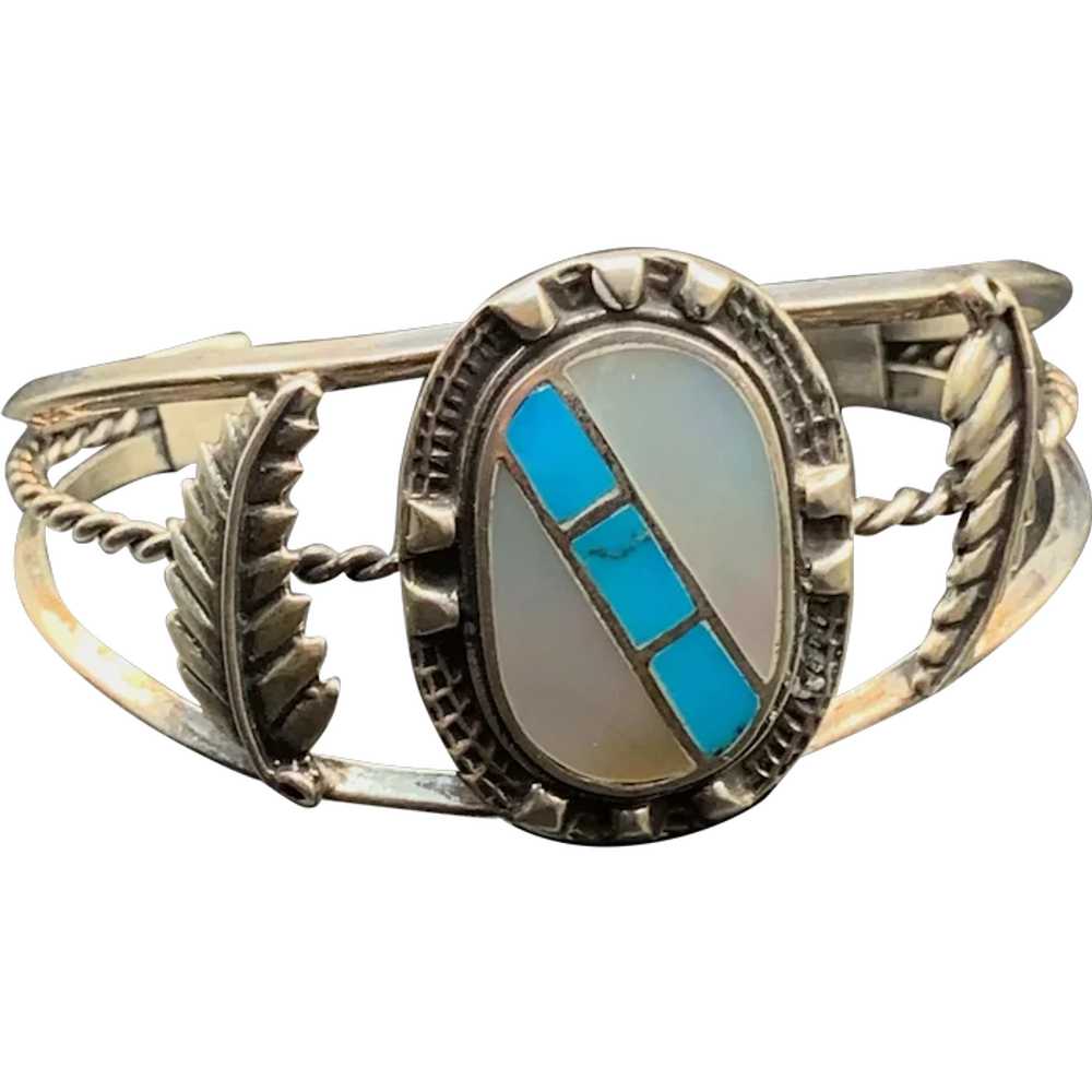 Native Cuff bracelet Mother of Pearl and Turquois… - image 1