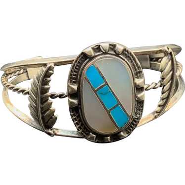 Native Cuff bracelet Mother of Pearl and Turquois… - image 1