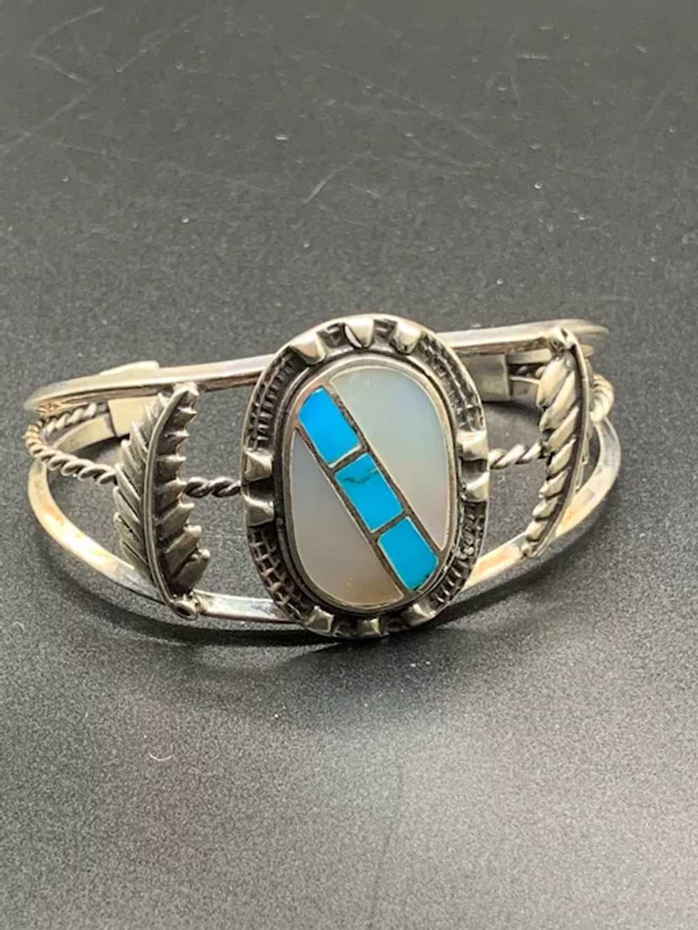 Native Cuff bracelet Mother of Pearl and Turquois… - image 2