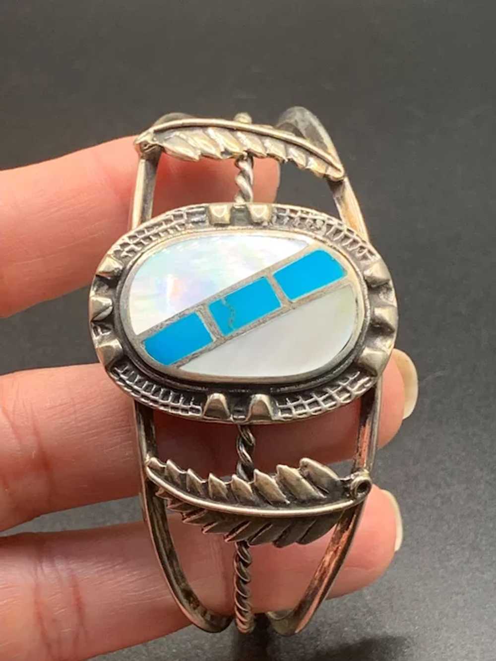 Native Cuff bracelet Mother of Pearl and Turquois… - image 3