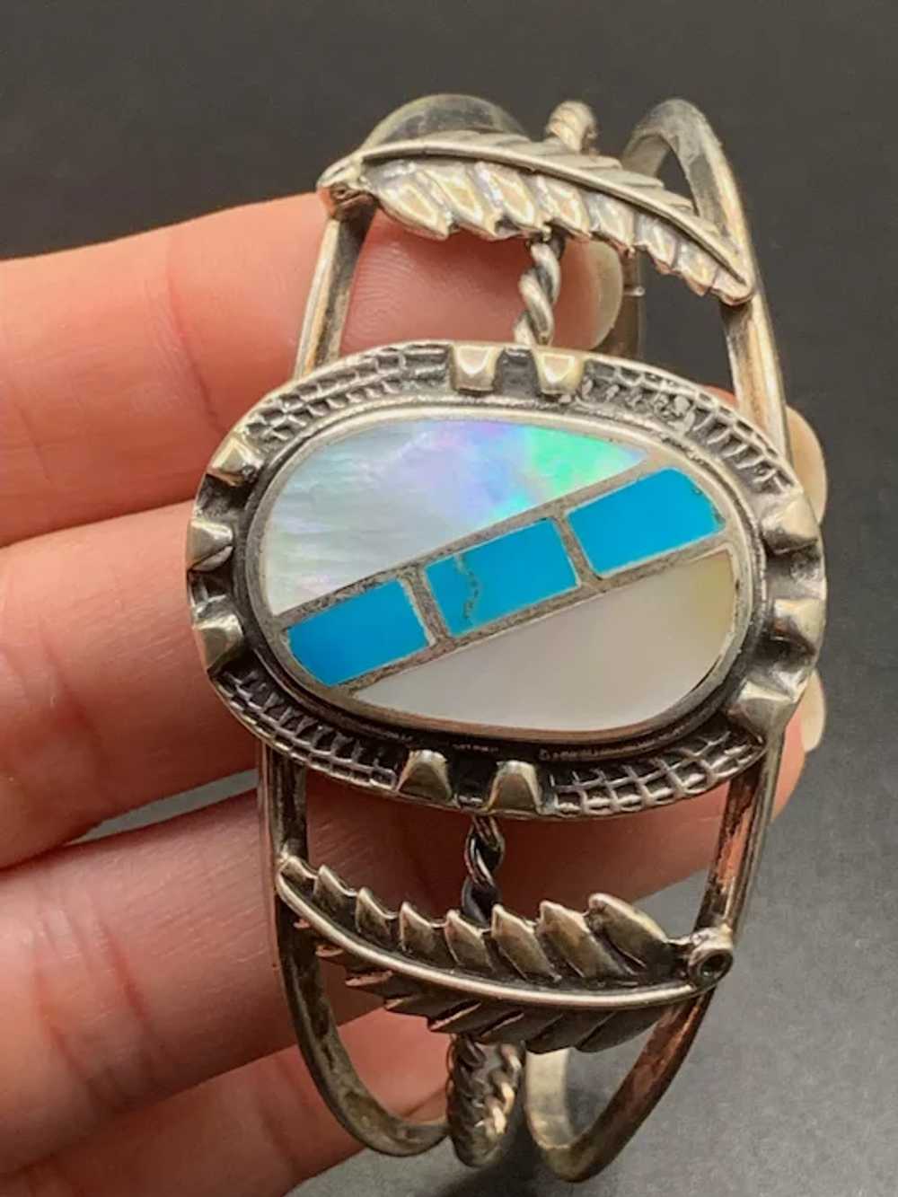 Native Cuff bracelet Mother of Pearl and Turquois… - image 5