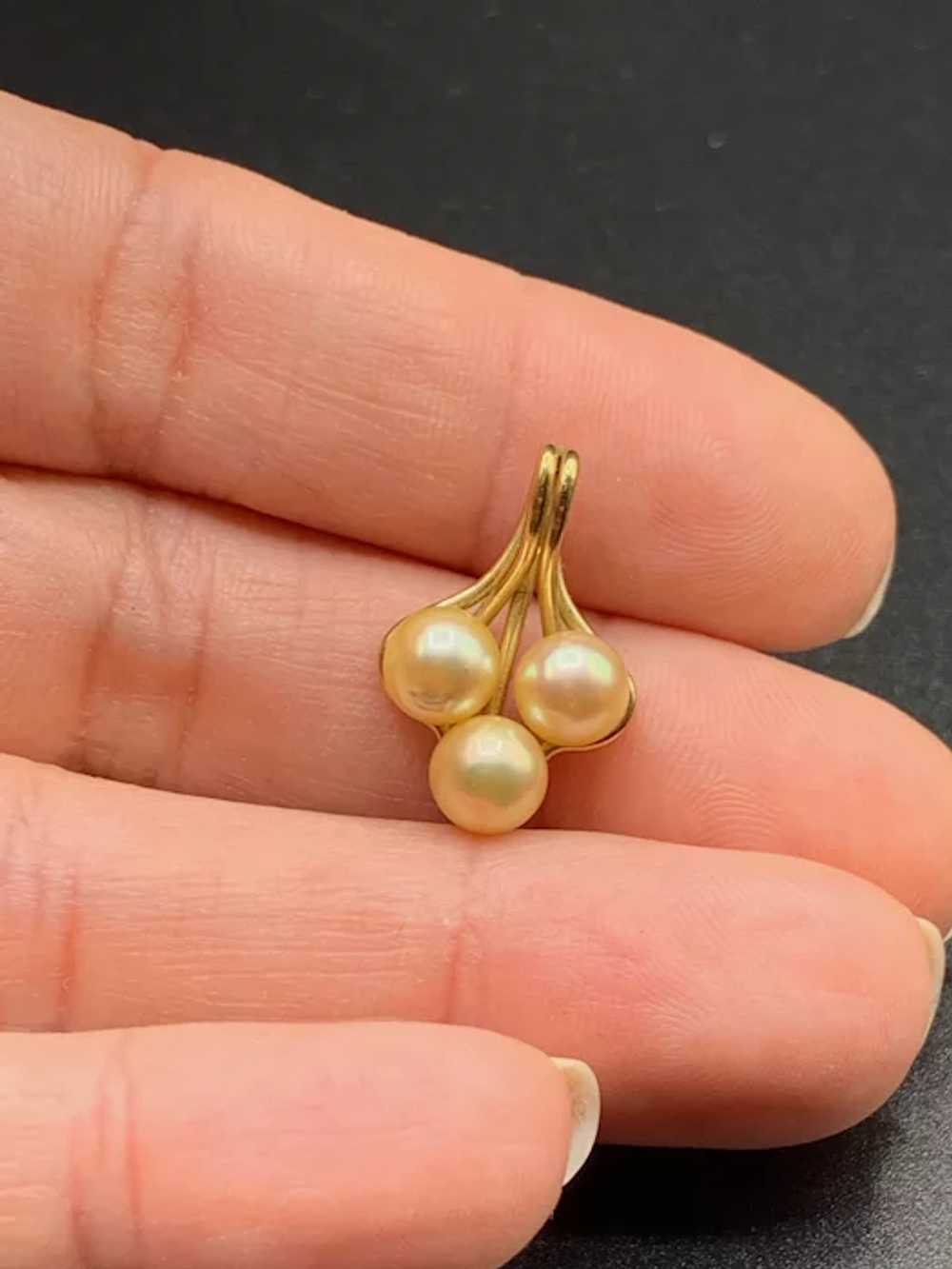 14K gold genuine pearls pendant small 6mm triple … - image 3