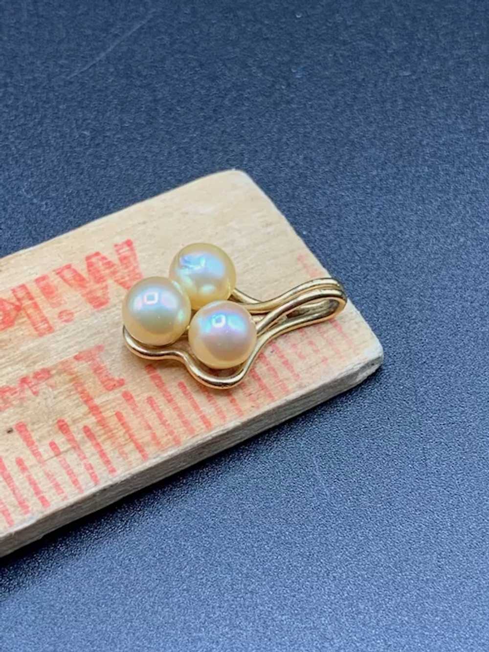 14K gold genuine pearls pendant small 6mm triple … - image 5
