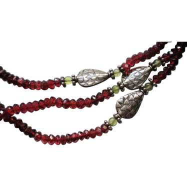 Sterling Silver Garnet Glass Bead Triple Strand N… - image 1