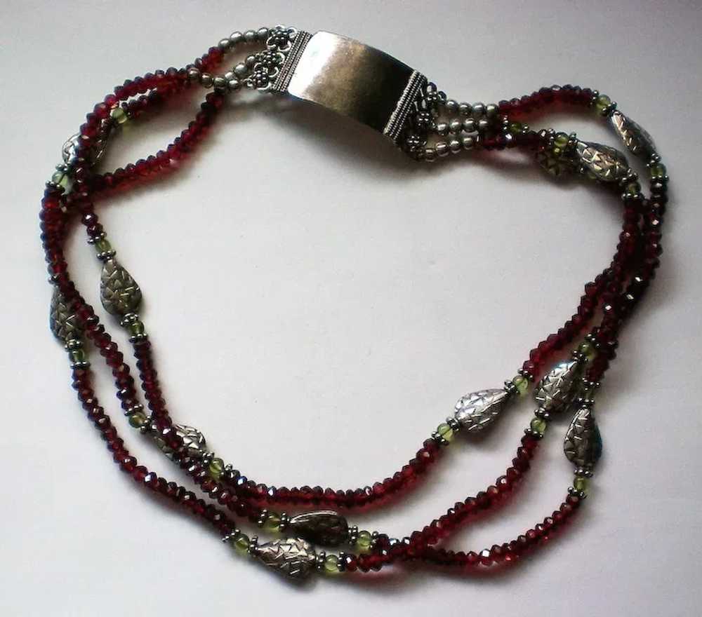 Sterling Silver Garnet Glass Bead Triple Strand N… - image 2