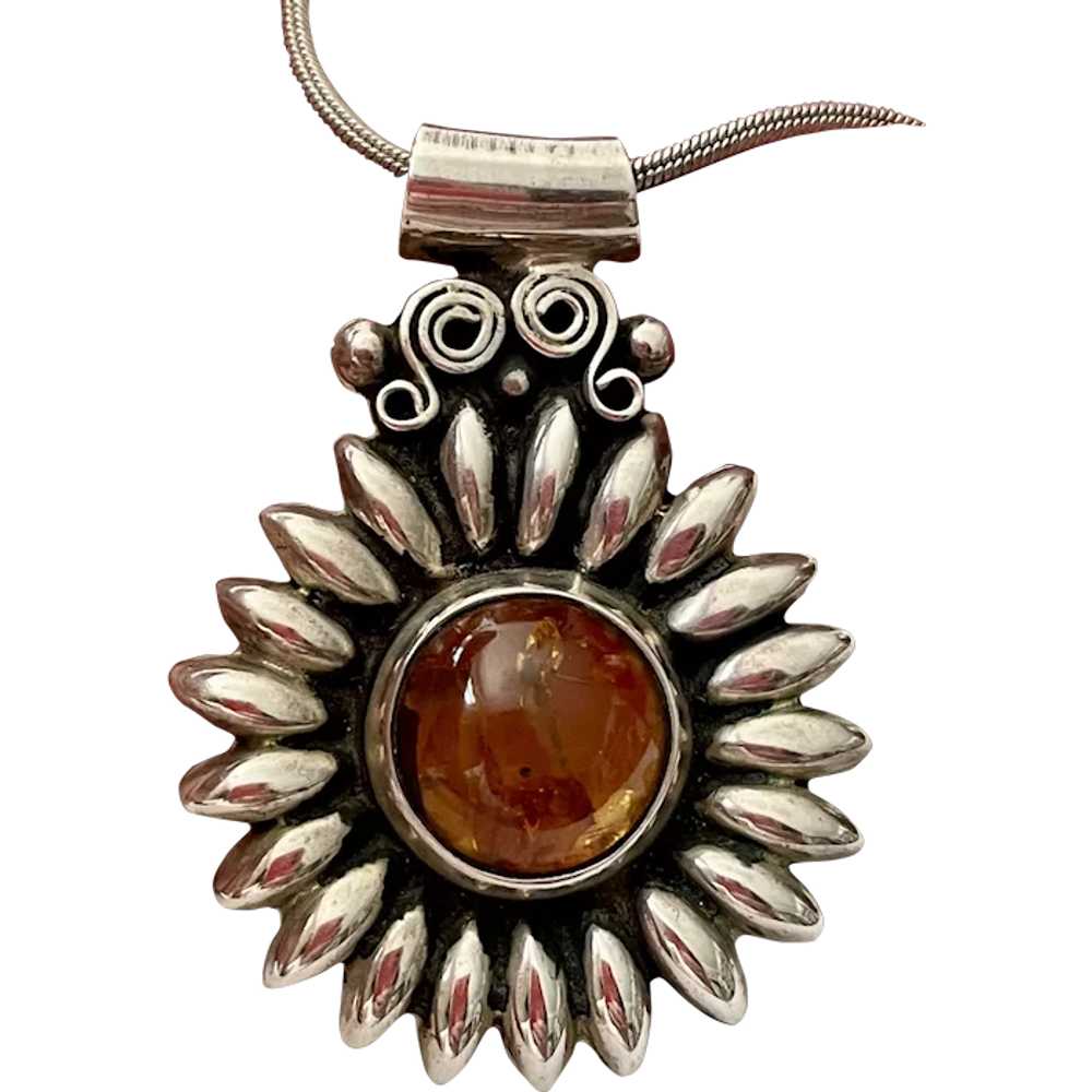 Mexican Pendant Necklace - Sterling and Amber Sun… - image 1