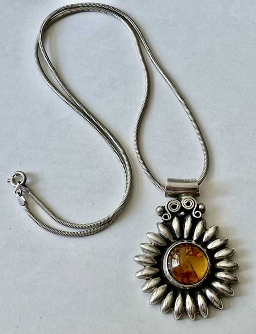 Mexican Pendant Necklace - Sterling and Amber Sun… - image 2