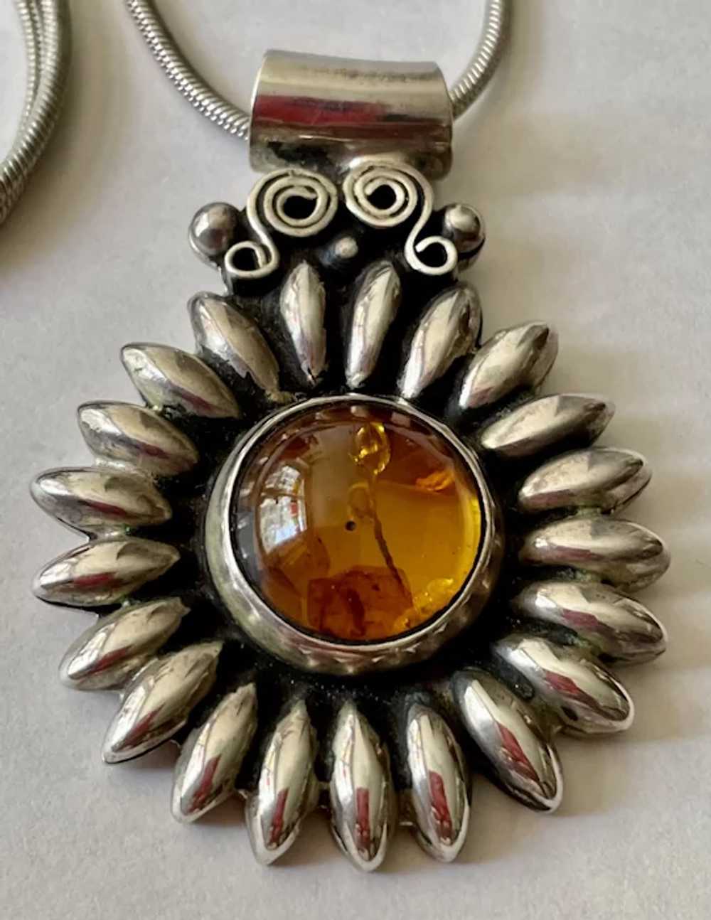 Mexican Pendant Necklace - Sterling and Amber Sun… - image 3