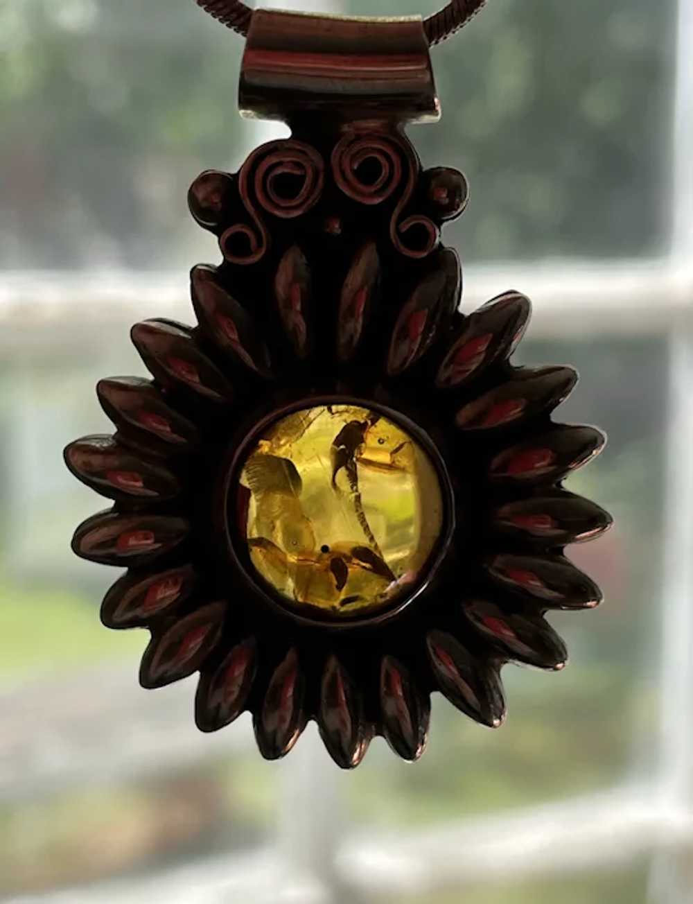 Mexican Pendant Necklace - Sterling and Amber Sun… - image 7