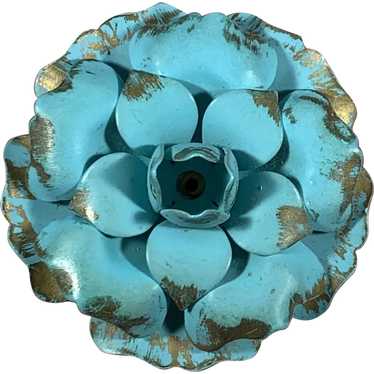 Giant Turquoise and Gold Toned Floral Brooch - image 1