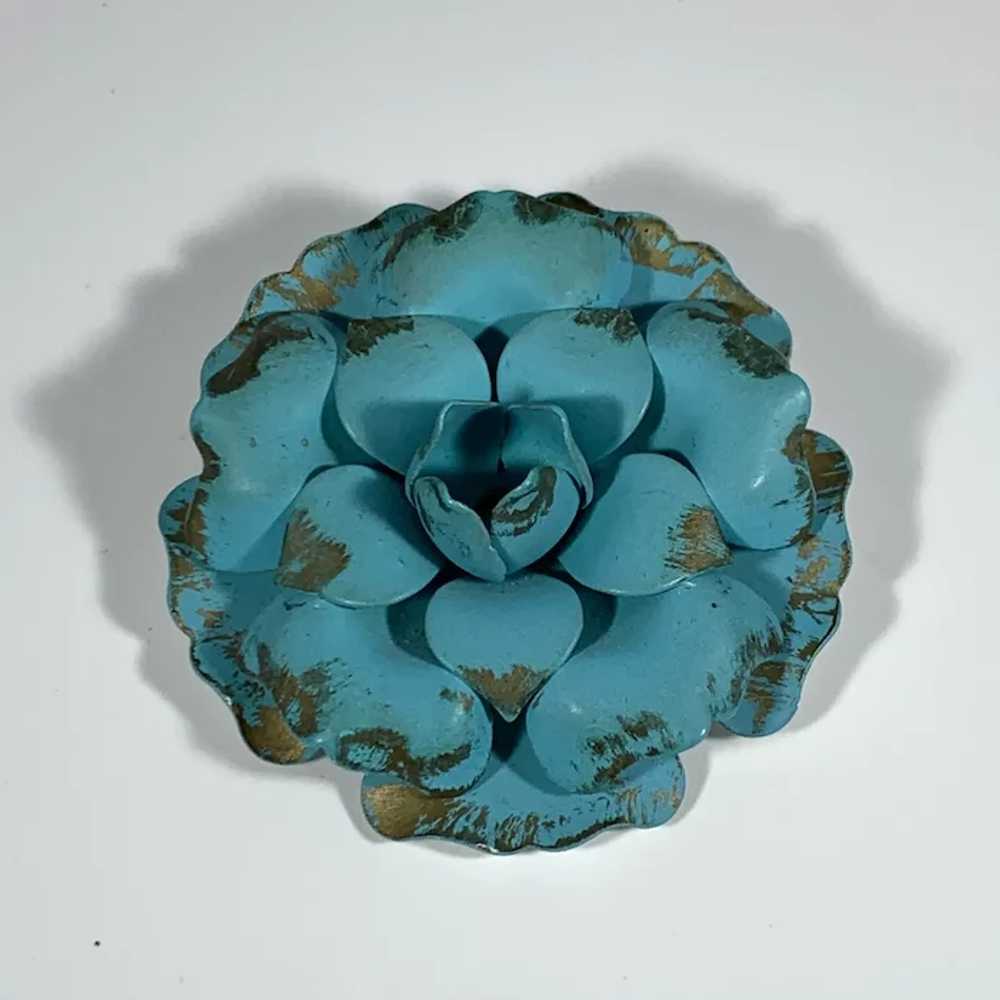 Giant Turquoise and Gold Toned Floral Brooch - image 2
