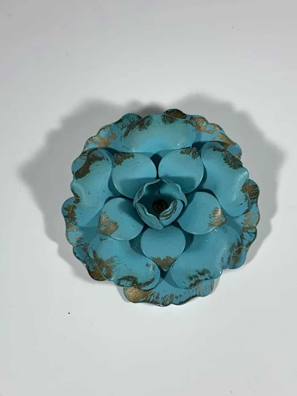 Giant Turquoise and Gold Toned Floral Brooch - image 3