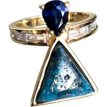 Artisan Diamond- Sapphire- Turquoise 14k Gold Ring