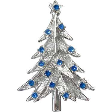 Blue Rhinestones Silvertone Christmas Tree Brooch… - image 1