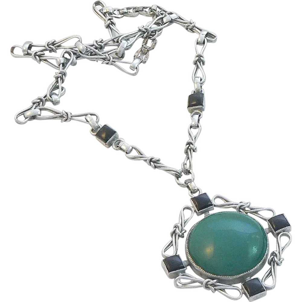 Art Deco Chrome and Glass Pendant Necklace - image 1