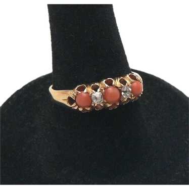 Antique 18K Gold Coral and Diamond Victorian Ring - image 1
