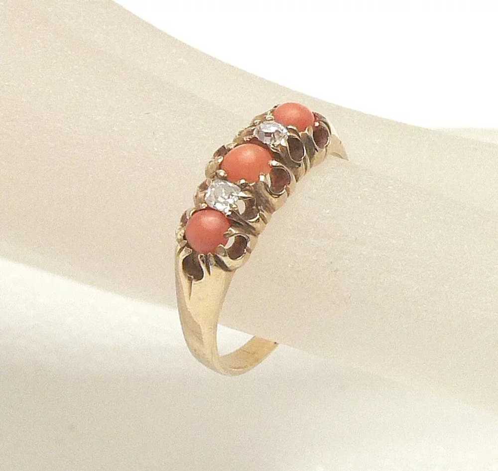 Antique 18K Gold Coral and Diamond Victorian Ring - image 2