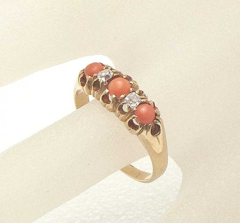 Antique 18K Gold Coral and Diamond Victorian Ring - image 4
