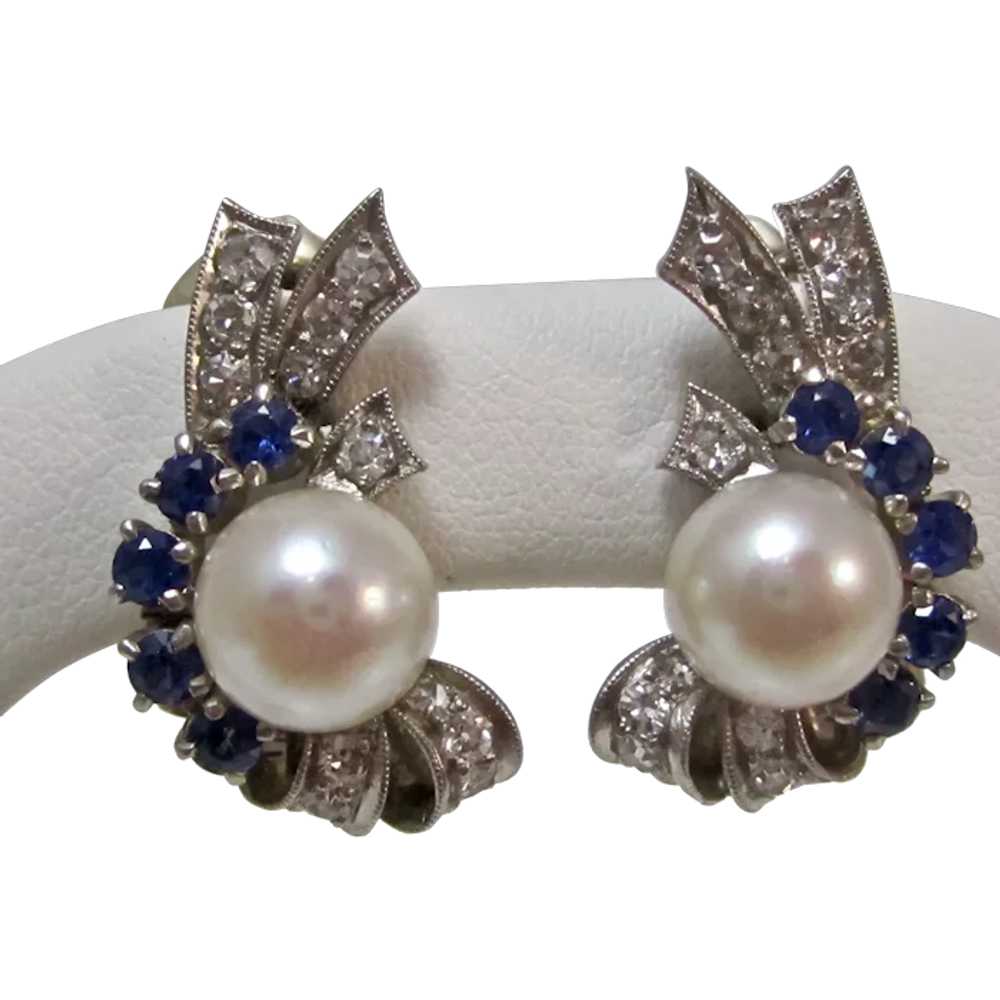 Retro Estate Pearl, Diamond, Sapphire Earrings 14K - image 1