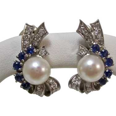 Retro Estate Pearl, Diamond, Sapphire Earrings 14K - image 1