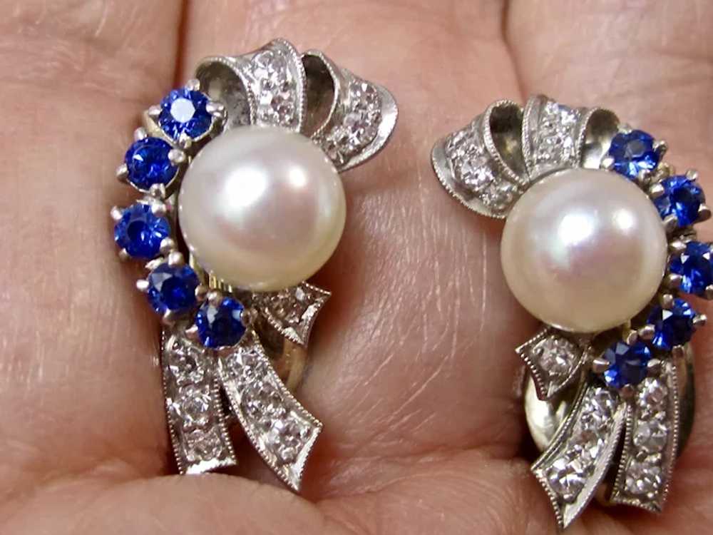 Retro Estate Pearl, Diamond, Sapphire Earrings 14K - image 2