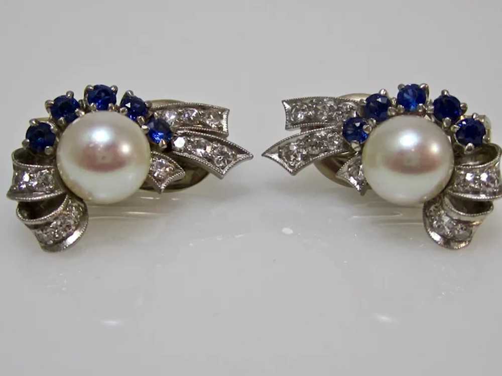 Retro Estate Pearl, Diamond, Sapphire Earrings 14K - image 3