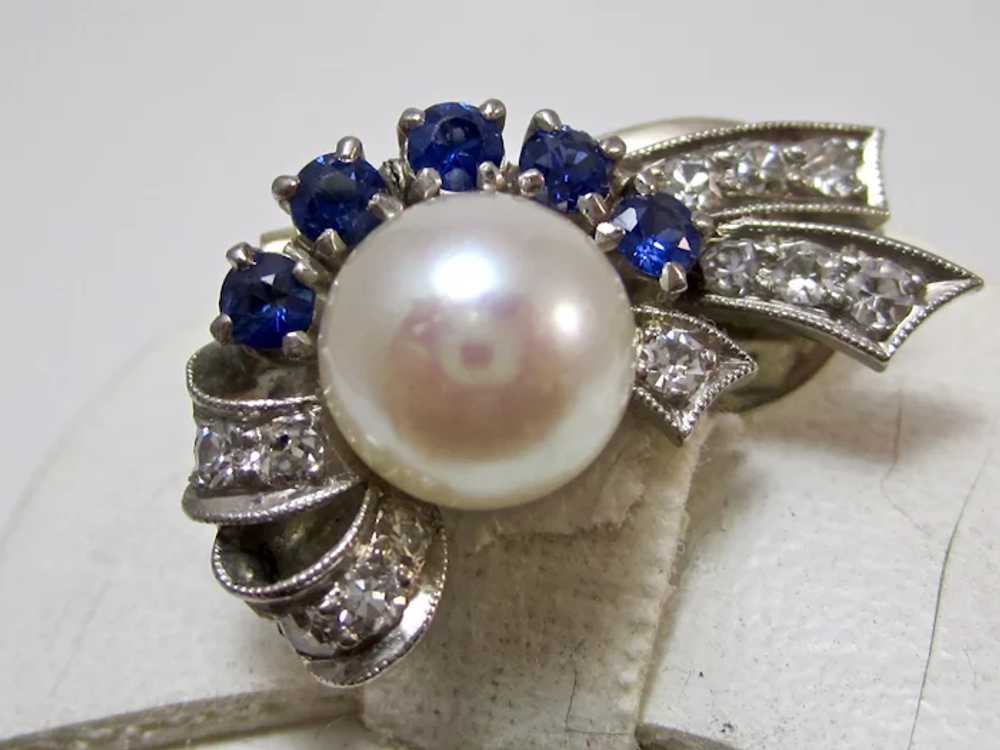 Retro Estate Pearl, Diamond, Sapphire Earrings 14K - image 4