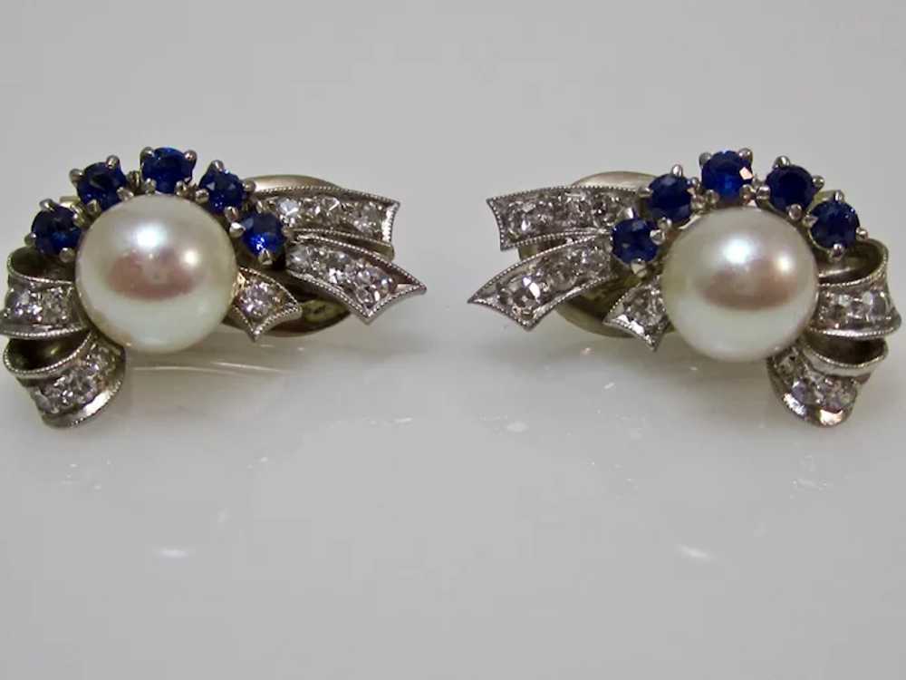 Retro Estate Pearl, Diamond, Sapphire Earrings 14K - image 5